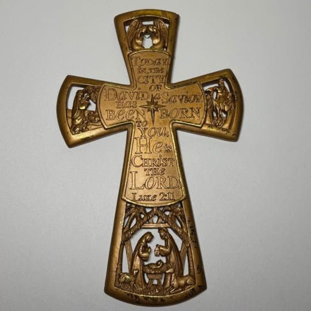 Vintage Gold / Copper Tone Nativity Wall Cross Luke 2:11 Christmas Decor 11 Inch